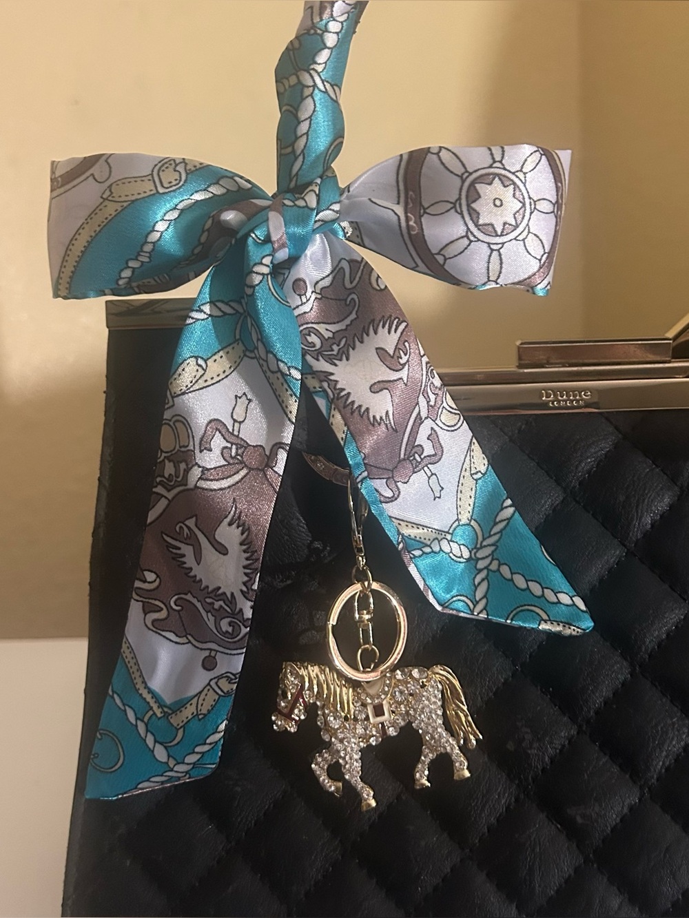 Twilly Silk Women Handbag Headband Neck Scarf Turquoise Blue Gray w/ White Polka